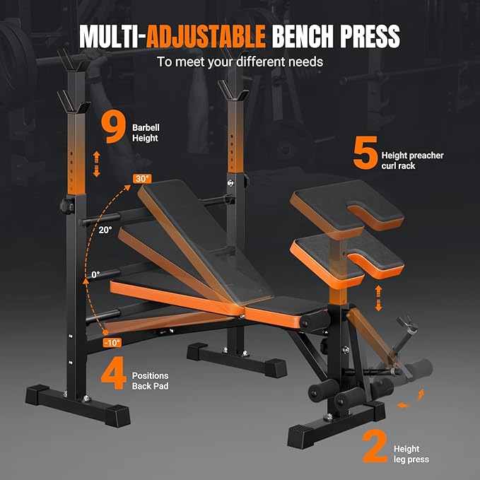 YOLEO 6 in 1 Weight Bench Set for Home Gym, Fast Folding & Adjustable Workout Bench, Bench Press Rack/Leg Extension/Preacher Curl/Sit up