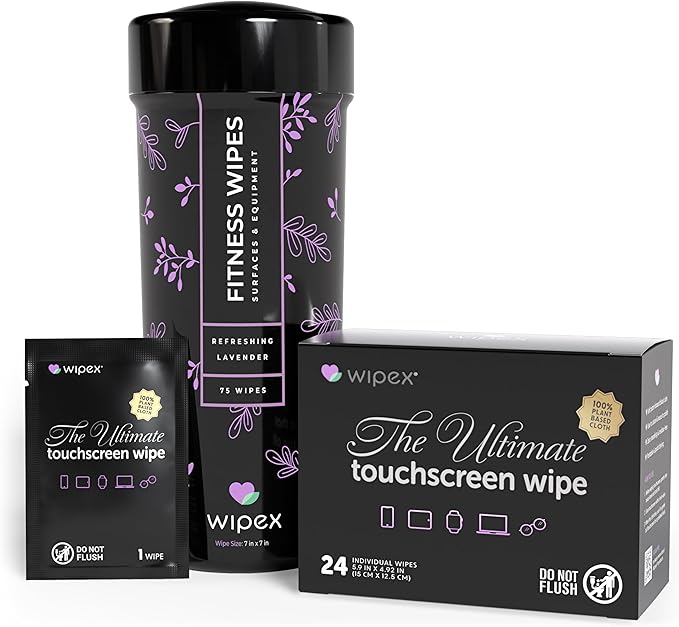 Wipex Screen Wipes & Gym Wipes Combo Pack - 75ct Gym Equipment Canister & 24ct Individually Wrapped Fitness Touch Screen Cloths, Safe for Yoga Mats & Electronics, Lavender Scent