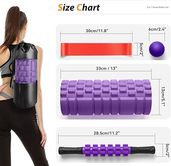 5 in 1 Foam Roller Set for Deep Tissue Muscle Massage, High Density Trigger Point Fitness Patented Exercise Foam Roller, Massage Roller, Massage Ball, Resistance Band, for Whole Body(Purple)