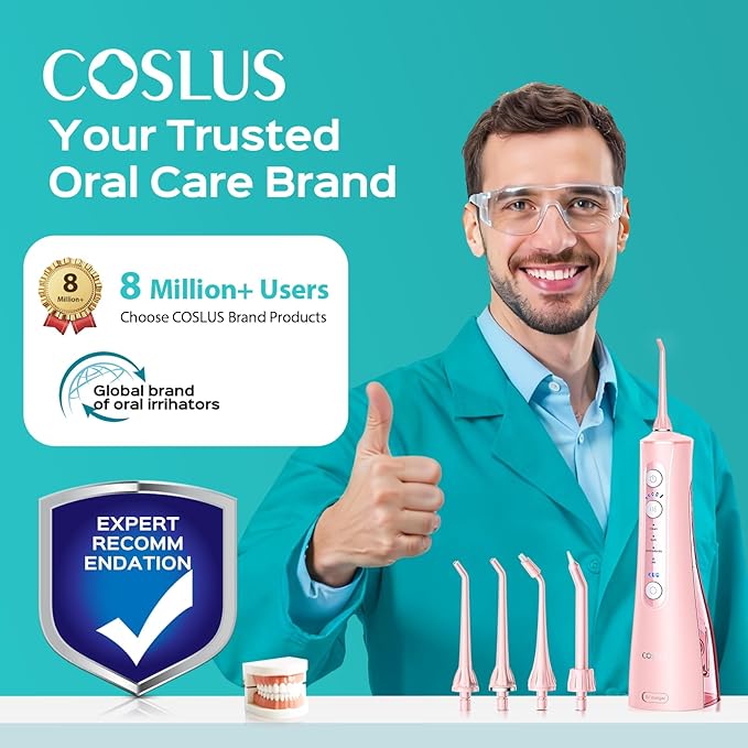 COSLUS Portable Water Flosser for Teeth: 4 Modes & 5 Intensity Levels Professional Electric Dental Pick for Sensitive Gums, Braces & Orthodontic - Cordless for Travel Use, for Adults, BPA-Free, Pink