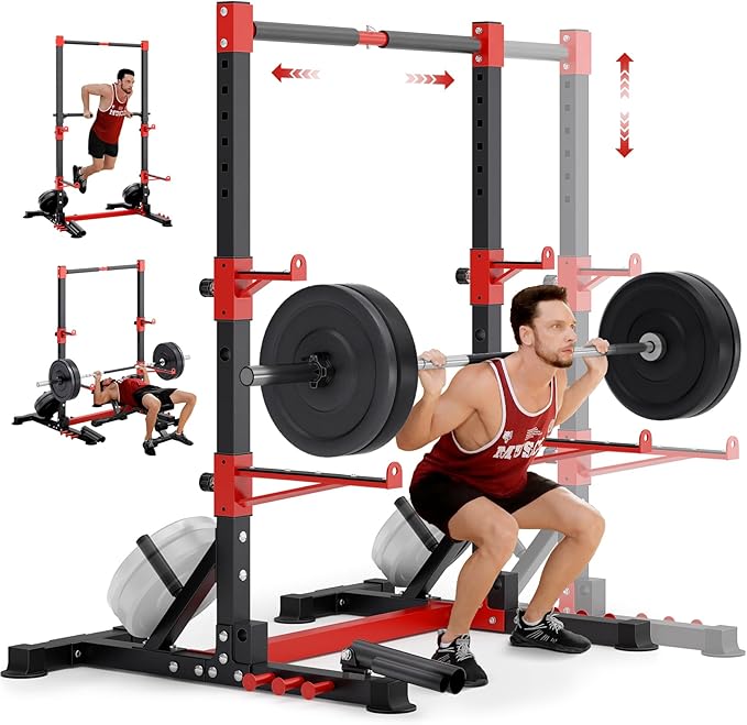 YOLEO Squat Rack with Adjustable Pull-Up Bar & Extended Safety Arms, Multi-Functional Power Racks Squat Stand for Home Gym, Garage & Basement, 35"-67" Width, Fixed 83” Frame Height, Pull-Up Bar Height 71.5"-80.5", Fits 6FT & 7FT Barbells