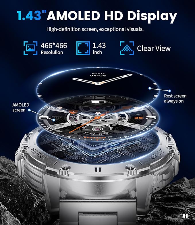 Smart Watches for Men for Android/iPhone,1.43’’ AMOLED Display Sport Watch with 123 Sport Modes/FlashLight,5ATM Waterproof Fitness Tracker with Blood Pressure/Heart Rate/Sleep Monitor,Silver Silicone