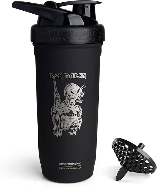 Smartshake Rockband Reforce Stainless Steel Protein Shaker Bottle 900 ml | 30 oz - Leakproof Screw-on Lid - BPA Free - Not Insulated – Unisex - Iron Maiden, Somewhere In Time Logo on Bottle