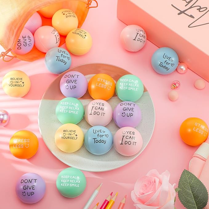 Wettarn 60 Pcs Motivational Stress Balls for Adults with Drawstring Bag 1.97" Inspirational Encouraging Anxiety Stress Relief Foam Ball with Quote Hand Exercise Squeeze Accessory(Pastel Colors)