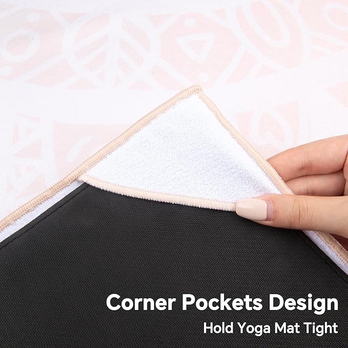 Colorful Star Large Yoga Towel with Corner Pockets, Non Slip Grip Dots Sweat Absorbent Hot Yoga Mat Towels, Yoga Blankets with Travel Bag, Mat Cover for Workout, Gym, Fitness - 74"x26", Pink Mandala