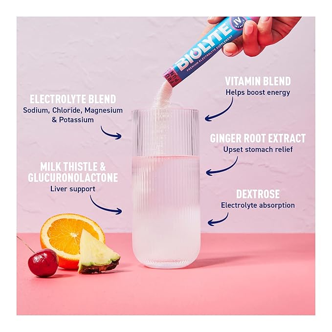 BIOLYTE IV Electrolyte Powder Packets, IV Liquid Drink Mix for Water, Doctor-Developed Hydration, HSA & FSA Approved Dehydration Relief, Chemotherapy Must Haves for Women, Men- Fruit Punch (16 Sticks)