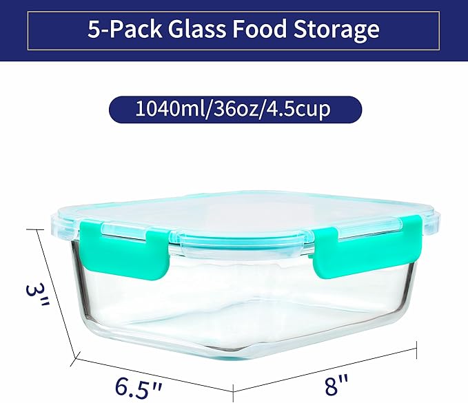 MFY 5-Pack 36 OZ Glass Storage Containers with Lids, Glass Meal Prep Containers Set, Airtight Lunch Containers with Lids, Microwave, Oven, Freezer and Dishwasher Safe, Green