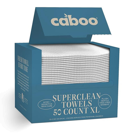 Caboo Bamboo Disposable Face Towels - 50 Count of Lint Free Single Use Face Towels - Soft, Biodegradable, & Extra Large (10 x 11.5 Inches) - Eco Friendly Alternative to Makeup Wipes & Wash Cloths