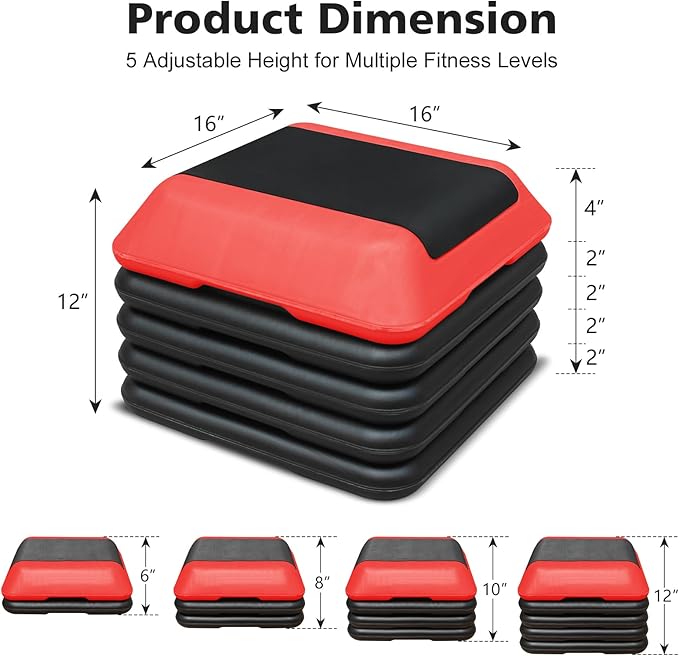16"x16" Exercise Aerobic Step Platform with 4 Risers, Adjustable Height 4"-6"-8"-10"-12" Workout Stepper for Home Gym Fitness Strength & Training
