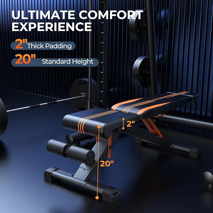 900LBS Adjustable Weight Bench - Foldable Workout Bench Press with 33.5" Extended Backrest for Home Gym Strength Training,Folding Flat Incline Bench with 80x40MM Steel for Full Body Exercise