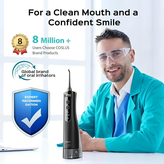 COSLUS Portable Water Flosser for Teeth: 10 Pressure Settings Professional Water Dental Pick for Orthodontic, Braces & Sensitive Gums - Cordless for Travel Use, for Adults Teens, BPA-Free, E40