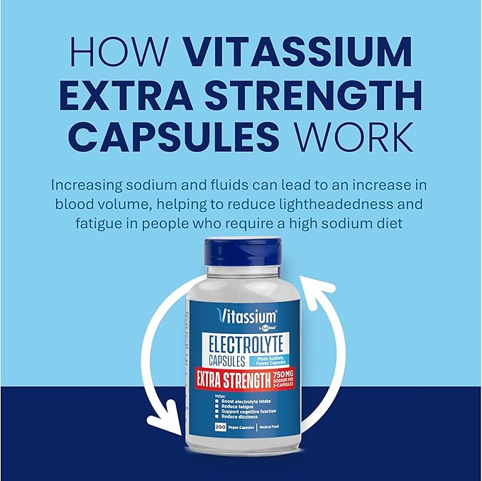 Vitassium Extra Strength Electrolyte Capsules - 750mg of Sodium for The Management of POTS and High Sodium Diets, Unflavored - 200 Salt Pills (Size 00)
