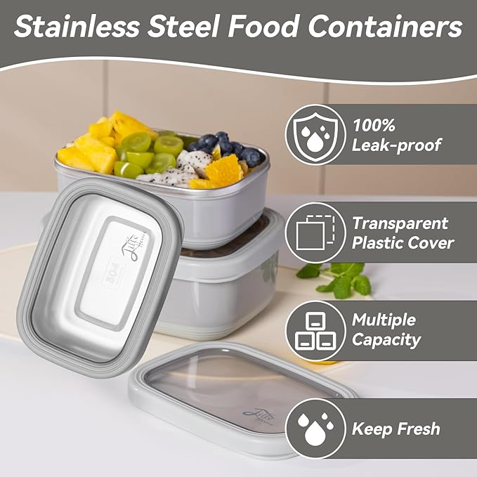Lille Home Leak Proof Salad Container Stainless for Lunch - Snack Containers Steel - Ideal for Educational Settings & Daycare - Nesting Trio with Silicone Lids - 47oz+30oz+16oz - Grey
