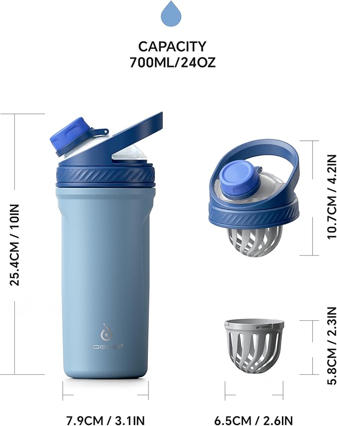 Ideus Protein Shaker Bottle 24oz(710ml) Insulated Stainless Steel Shaker Bottle with Silent Tritan Ball Portable Pre Workout Shaker Cups for Protein Shakes, Smoothies, Cocktails, Blue