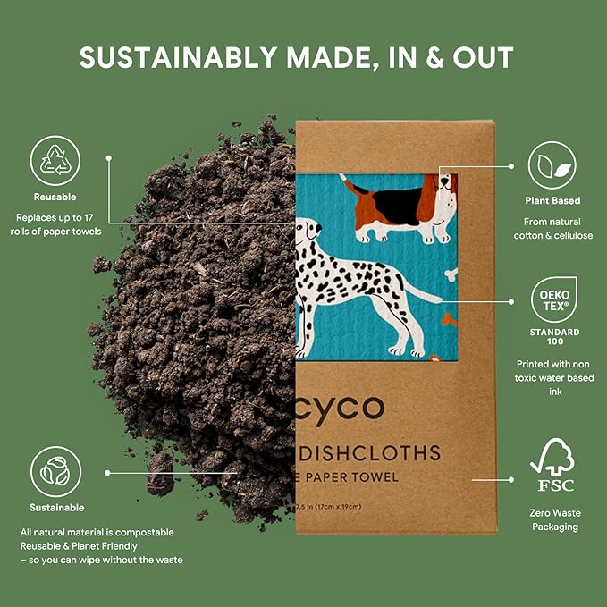 RECYCO Swedish Dishcloths for Kitchen | 6 Pack Doggy Daydreams Washable Dish Rags | Cellulose Reusable Cleaning Paper Towels | Absorbent Counter Dish Cloth Sponge Kitchen Wipes, 8" L x 7" W