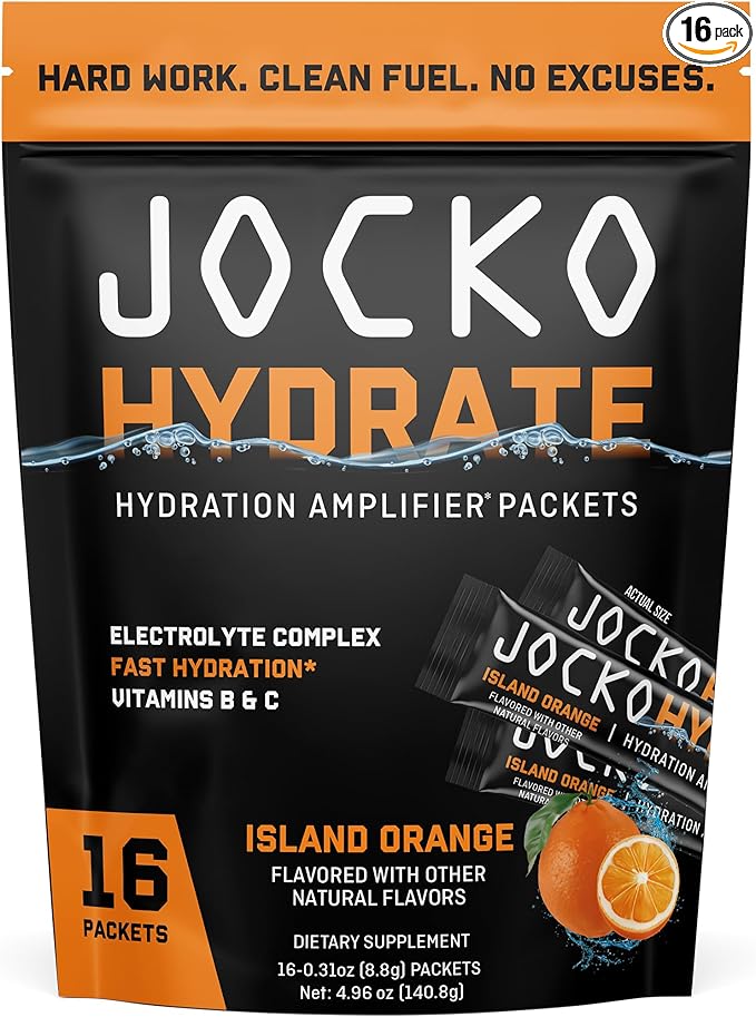 Jocko Fuel Hydrate Electrolytes Powder Packets Low Sugar - Hydration Amplifier Packets for Recovery, Dehydration, & Exercise - with Vitamins B6, B12 & C (16 Packets) Island Orange