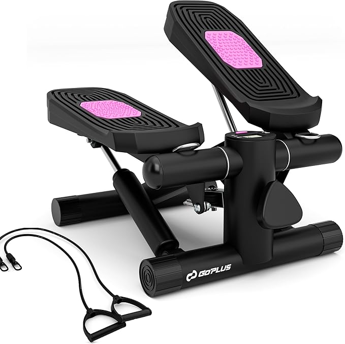 Goplus Steppers for Exercise at Home, Intensity Adjustable Hydraulic Mini Stepper w/Resistance Bands & LCD Monitor, Quiet & Portable Small Cardio Exercise Machine for Home Office or Under Desk