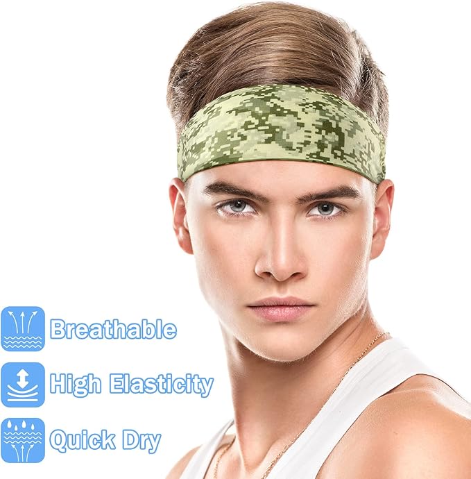 9 pcs Sweatbands for Men Workout Sport Headbands for Men Camo Headband Sweat Absorbing Headband Wide Sweatband for Head Basketball Football Cycling Running Yoga, 4.7 x 9.8 Inch