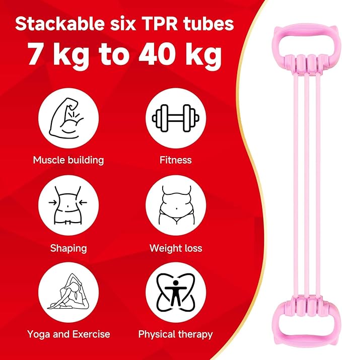 6 Gear Adjustable Resistance Bands, Fitness Resistance Bands Exercise Bands with Comfort Grips, Unisex, for Arms, Chest Extender, Home Workout, Fitness, Pilates