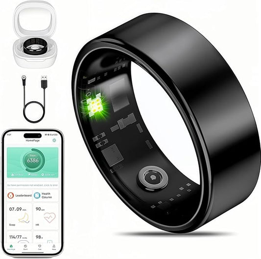Smart Ring Fitness Tracker for iOS & Android – Sleep Monitor Heart Rate Blood Oxygen & Pressure 8 Sports Modes IP68 Waterproof NO Subscription Long Battery Life (Carbon Black, 14#)