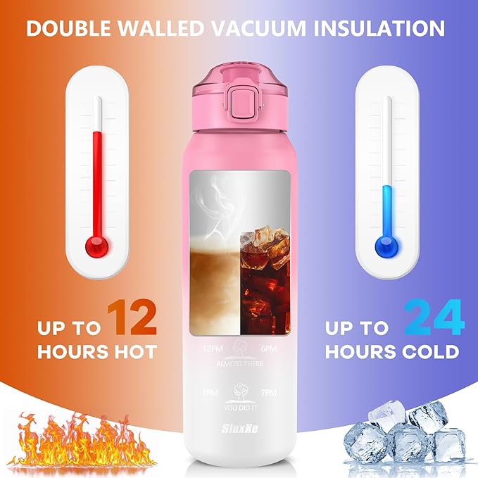 24oz Insulated Water Bottle with Straw and Spout Lids, 18/10 Stainless Steel 700ml Double Wall Vacuum Sports Water Jug, Leakproof Hydro Cup Flask for Men, Women & Kids PINK WHITE
