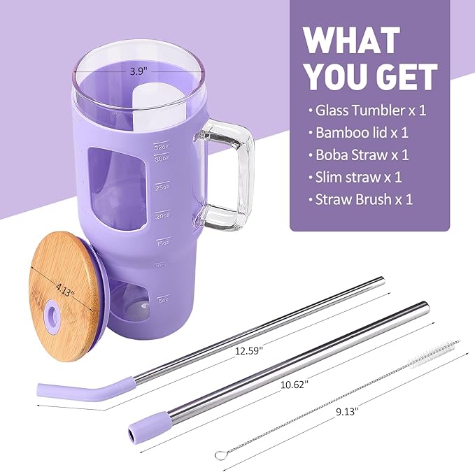32 oz Glass Tumbler with Straw and Lid, Glass Water Bottles with Time Marker, Silicone Protective Sleeve - Purple