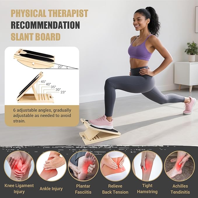 3-in-1 Wooden Slant Board & 180°/360° Balance Board, Portable 6 Angle Adjustable Calf Stretcher with Training Poster, Anti-Slip 300LBS Wobble Board for Physical Therapy, Standing Desk & Core Strength