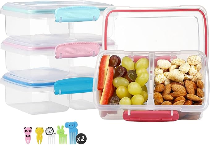 4 Pack Plastic Snack Containers with Lids, 2 Compartment Food Container for Kids Snack Box, Travel Bento Lunch Containers with forks for Fruits/Candies, Divided Food Storage Containers for School