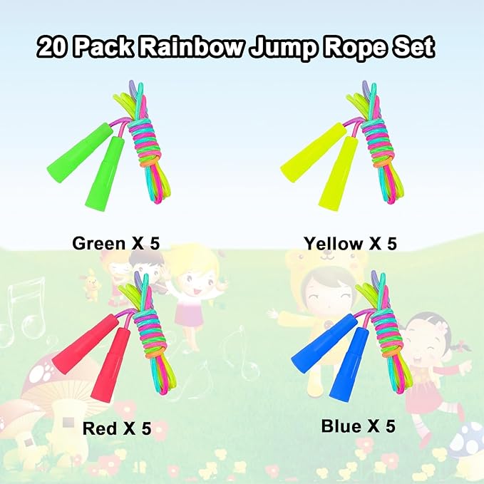 20 Pack Rainbow Jump Ropes,Kids Jump Rope with Plastic Handles,7.2 Ft Adjustable Skipping Rope for Kids,Vibrant Jumping Ropes for Outdoor Fun Exercise Fitness Activity Party Favors