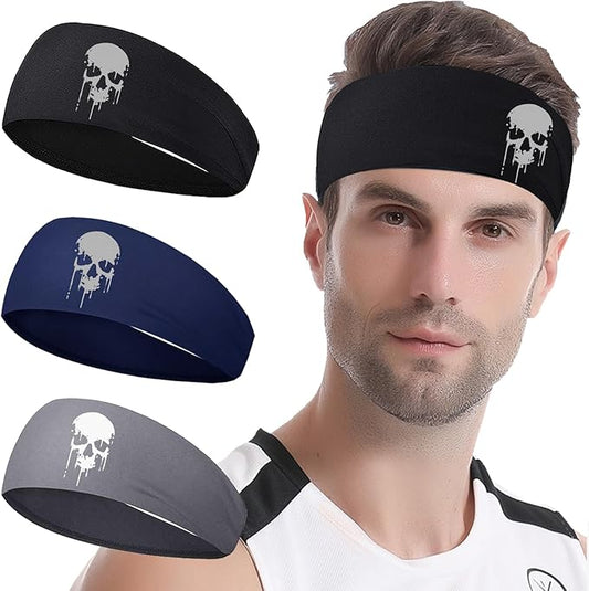 3pcs Sports Sweat Bands Headbands for Men Sweatbands Skull Workout Cooling Headbands for Men Women Running Headband Hairband Elastic Men's Head Sweat Band for Football
