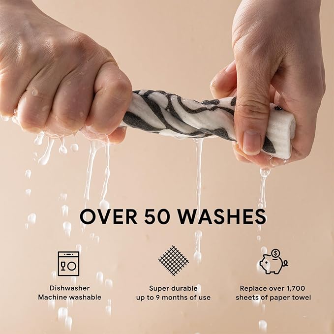 RECYCO Swedish Dishcloths for Kitchen | 5 Pack Black & White Geo Washable Dish Rags | Cellulose Reusable Cleaning Paper Towels | Absorbent Counter Dish Cloth Sponge Kitchen Wipes, 8" L x 7" W