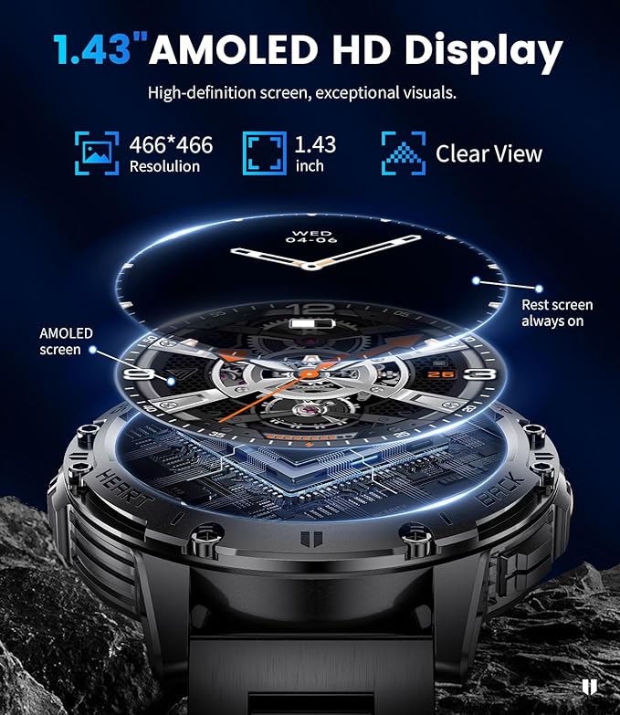 Smart Watches for Men for Android/iPhone(3 Straps),1.43’’ Amoled Display Sport Watch with 123 Sport Modes/FlashLight,5ATM Waterproof Fitness Tracker with Blood Pressure /Heart Rate/Sleep Monitor,Metal