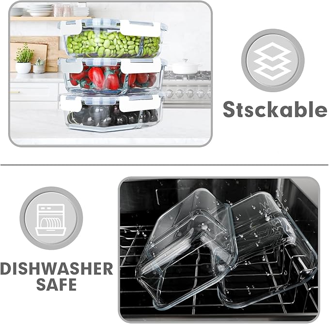 VERONES 10 Pack Glass Meal Prep Containers 2 Compartment Set, 30 OZ Airtight Glass Lunch Containers, Food Storage Containers with Lids, for Microwave, Oven, Freezer & Dishwasher Friendly,White