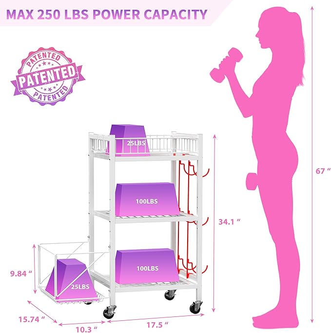 3-Tier Home Gym Storage Rack, Adjustable Yoga Mat Storage Rack, 250LBS Metal Workout Equipment Storage Cart with Large Basket & Lockable Wheels for Mats, Bands, Foam Rollers, Yoga Block (Rack Only)
