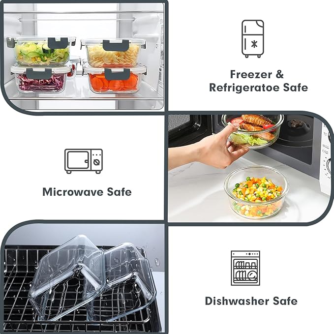 VERONES 30 Pieces Glass Meal Prep Containers Set, Stackable Glass Food Storage Containers with Lids-Airtight Glass Lunch Containers,for Microwave, Oven, Freezer & Dishwasher,Grey