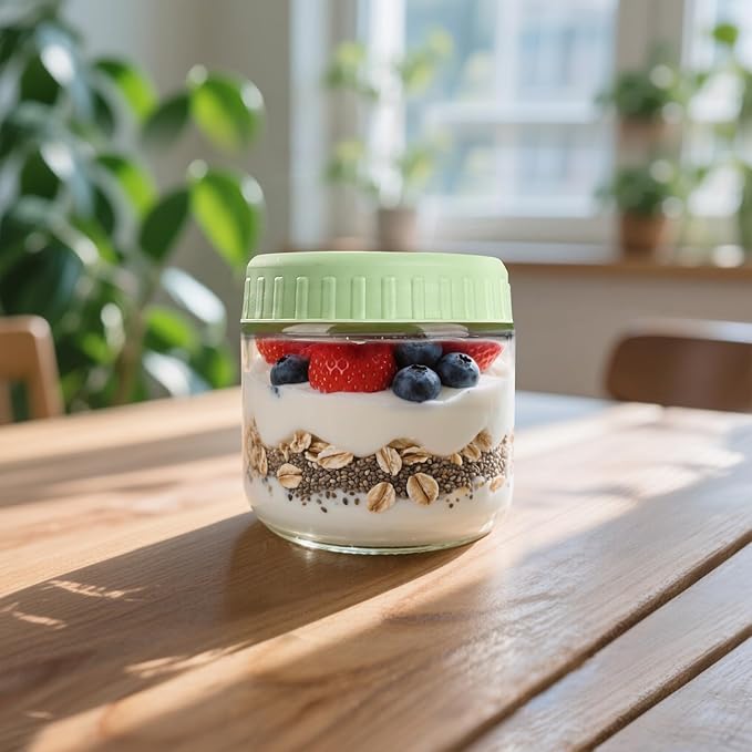 Overnight Oats Containers with Lids, 10oz Glass Jars with Lids 2 pcs, Light Green, Wide Mouth Mason jars for Salad, Yogurt, Snacks, Meal Prep