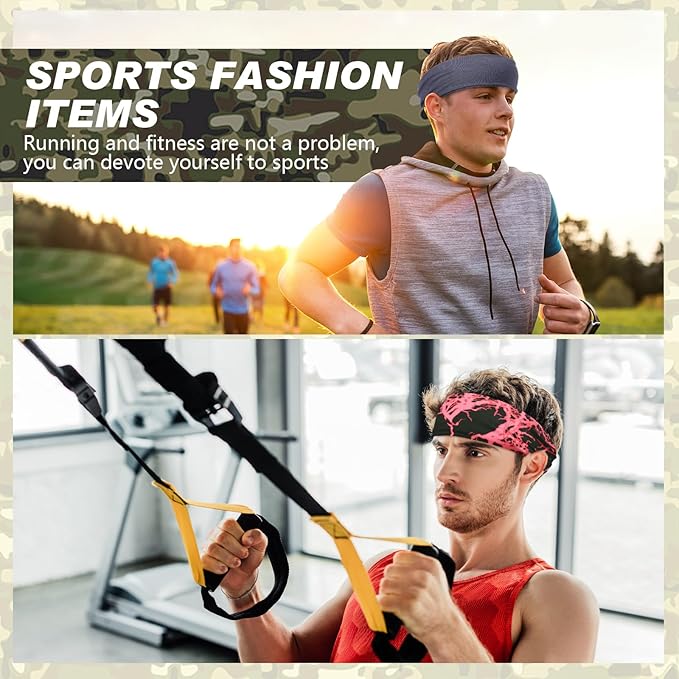 18 Pcs Sports Sweatbands for Men Women Camo Headbands Workout Non Slip Headbands Breathable Head Band Fitness Stretchy Unisex Hairband for Yoga Running Cycling Ball