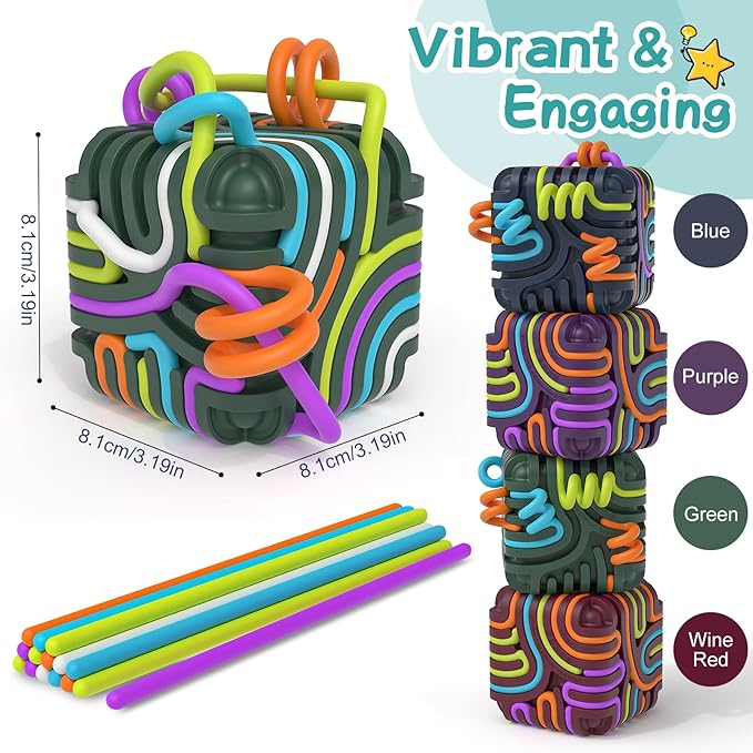 3D Silicone Sensory Fidget Cube for Autism & ADHD - FDA Food Grade Silicone Travel Toys for Kids and Adults, Quiet Stress & Anxiety Relief with 15 pcs 5 Color Strings & Carry Pouch