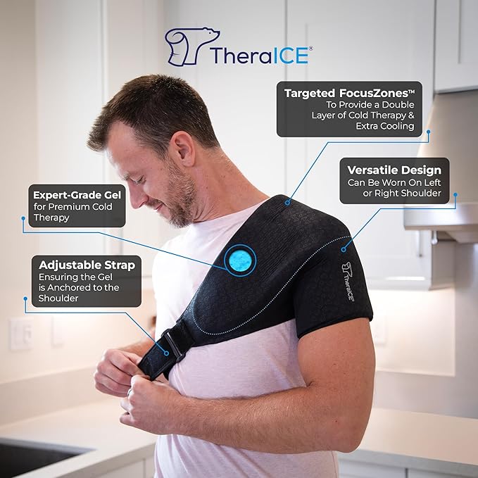 TheraICE PRO Shoulder Ice Pack Wrap for Injury, Reusable Compression Shoulder Braces for Rotator Cuff Relief & Arm Brace Pain Relief Therapy, FocusZone Technology Cooling Support Arm Sling Shoulders