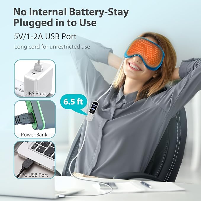 Ezona Heated Eye Mask, Warm Eye Compress Mask, USB Electric Eye Heating Pad with Temperature & Timer Control, Dry Eye Mask for Dry Eyes Blepharitis Sinus Migraine Stye MGD Puffiness Blue