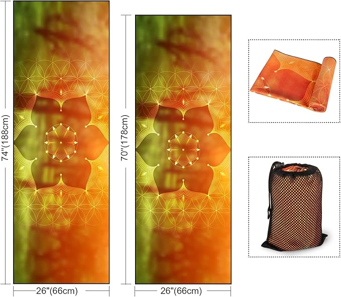 Colorful Star Large Yoga Towel with Corner Pockets, Non Slip Grip Dots Absorbent Hot Yoga Mat Towels, Yoga Blankets with Travel Bag, Mat Cover for Workout, Gym, Fitness - 74"x26", Geometric Flower