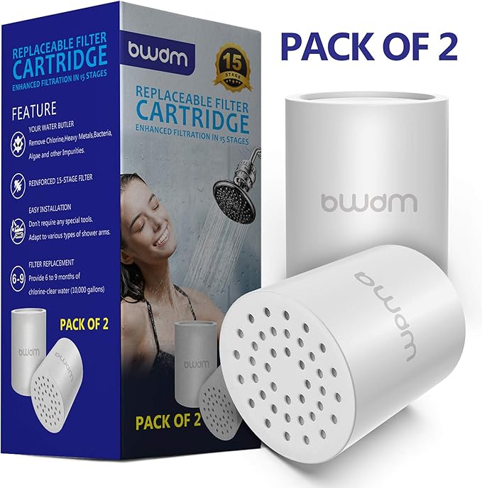 Shower Filter Replacement Cartridge, 15 stage, High Output, Vitamin C, Removing Heavy Metals Hard Water.Universal with Any Shower Filter of Similar Design.Pack of 2