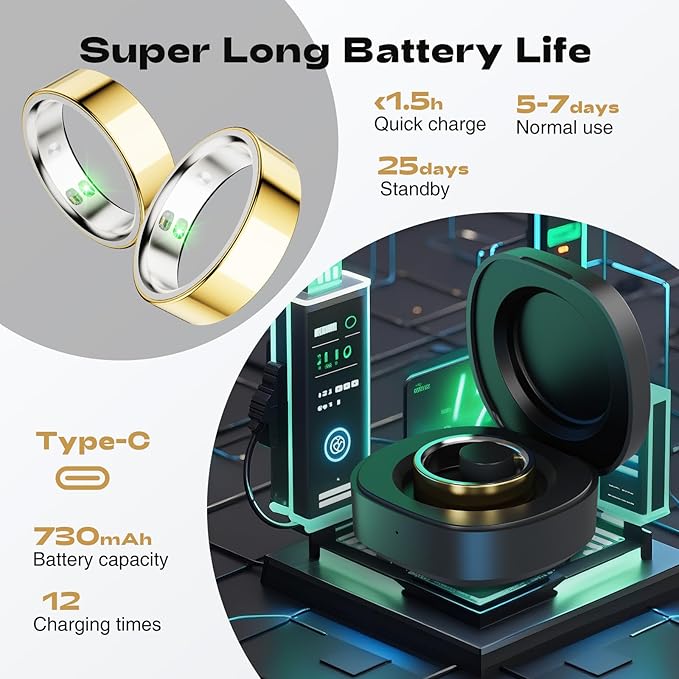 Smart Ring for Men Women - 5ATM Waterproof Health Fitness Tracker with Body Temperature Measurement, Heart Rate, Blood Oxygen, Sleep Monitoring, Step Counting for iOS and Android, No Subscription Fee