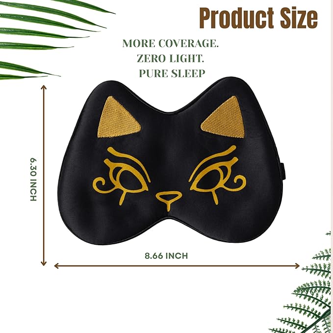Silk Sleep Mask Blindfold Eye Mask for Sleep Cute Cat Print Embroidered Eye Cover Adjustable Oversized Egyptian Bastet with Gift Box&Pouch(Midnight Bastet-Adjustable Strap)