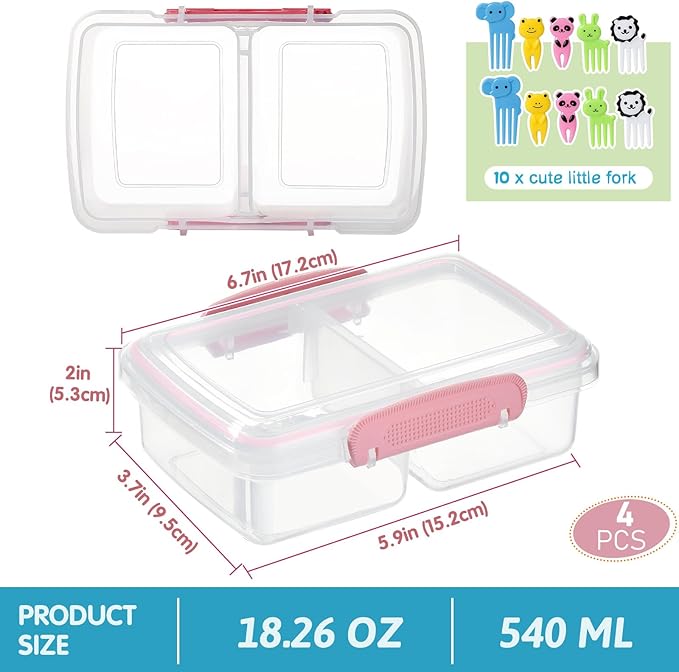 4 Pack Plastic Snack Containers with Lids, 2 Compartment Food Container for Kids Snack Box, Travel Bento Lunch Containers with forks for Fruits/Candies, Divided Food Storage Containers for School