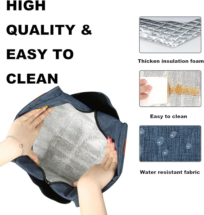 Joymee Lunch Bag Women Insulated Lunch Box Reusable Leakproof Large Spacious Tote for Women Men Adult with Bottle Holder and Side Pockets for Work Picnic Travel - Navy Blue