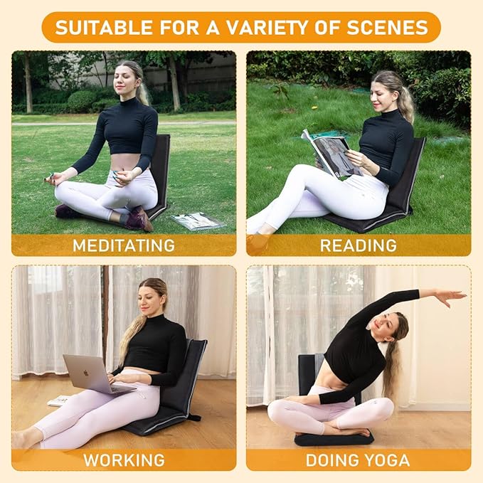 Floor Chair with Back Support 14-Position Adjustable Floor Chair Portable Ground Seating for Adults & Kids Foldable Meditation Seat with Japanese KOYO Bearings & Washable Linen Cover (Black)