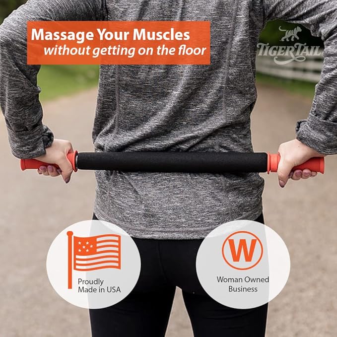 Tiger Tail 22in Massage Stick Portable Roller, Handheld, Deep Tissue Foam Roller, Body Massage and Myofascial Release Tool for Legs, Neck, Calves, Thighs, Shins & Back, The Long One 22, Made in USA