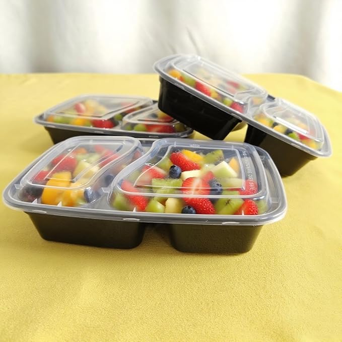100pc 28 Oz 2-Grid Meal Prep Containers disposable, Plastic Food Take Out Containers With Lid, Take Out Containers Disposable, Reusable food storage containers,Microwave Freezer Dishwasher Safe
