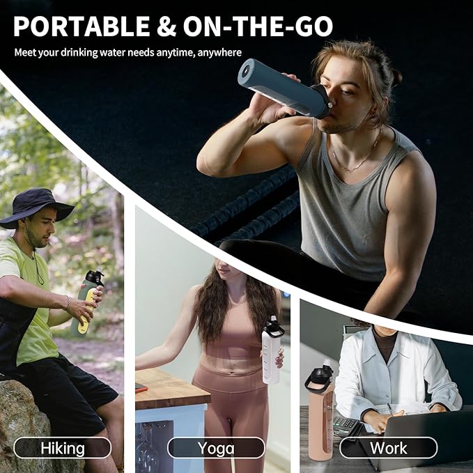 32 oz Glass Water Bottles with 2 Lids-Handle Spout Lid & Straw Lid 1 Liter Motivational Borosilicate Water Bottle with Silicone Sleeve and Time Marker,Leakproof